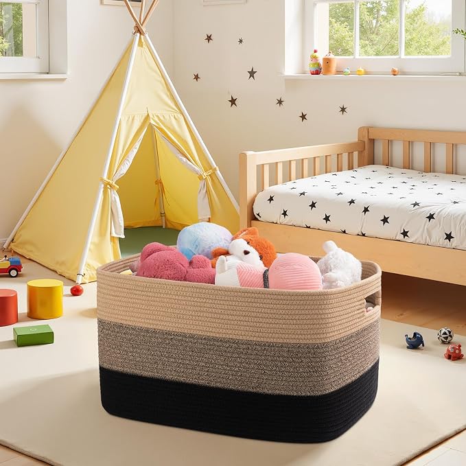 OIAHOMY Blanket Basket Laundry Basket Dog Toy Basket 75L Yellow Black | Large Storage Basket,Baby Basket,Toy Storage,Woven Rope Basket for Blankets,Blanket Storage for Living Room - Image 8