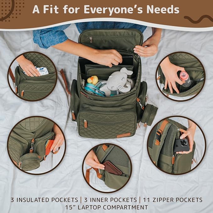 Large Diaper Bag Backpack for Mom & Dad | Unisex Baby Travel Bag | 15 Pockets | Changing Pad | Stroller Straps | Stylish & Washable | Newborn Essentials | Army Green - Image 5