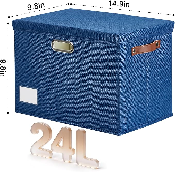15" Fabric Storage Box with Lids, 3-Pack, Navy | Stackable, Foldable, 2 PU Handles and 2 Metal Handles, Decorative Fabric, For Home, Bedroom, Closet, Office, Nursery - Image 2
