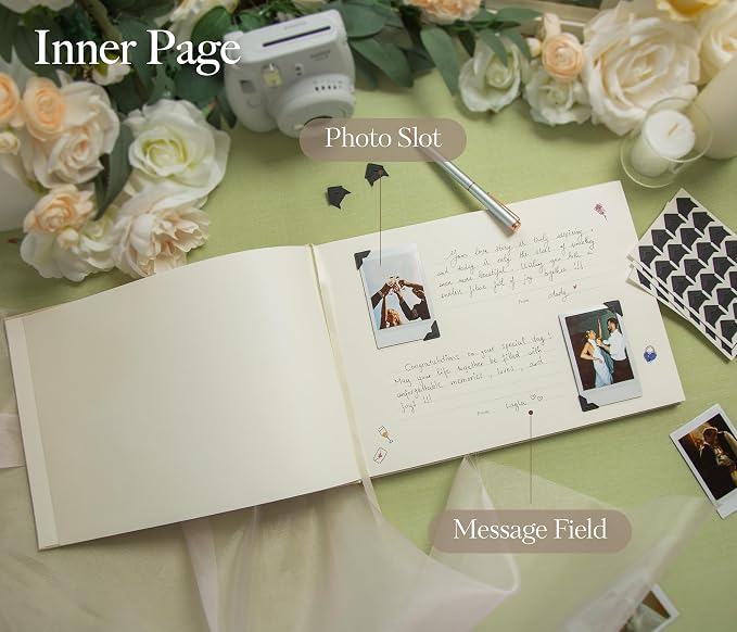 Wedding Photo Guest Book (Cream) - Linen Hardcover | Photo Corner Stickers | A4 Hardcover 11.5" x 8.5" Guestbook | 120 Pages w/ Photo Slots & Lines | Bridal Shower Engagement Party Wedding Reception - Image 4