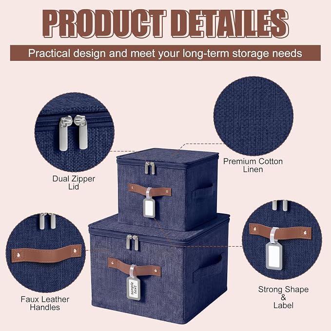6 Pack Fabric Closet Storage Bins with Zipper Lids and Label, 10×8×7In Large Size Foldable Cotton Linen Storage Cubes Boxes with PU Leather Handles Holders for Bedroom, Nursery, Dark Blue - Image 3
