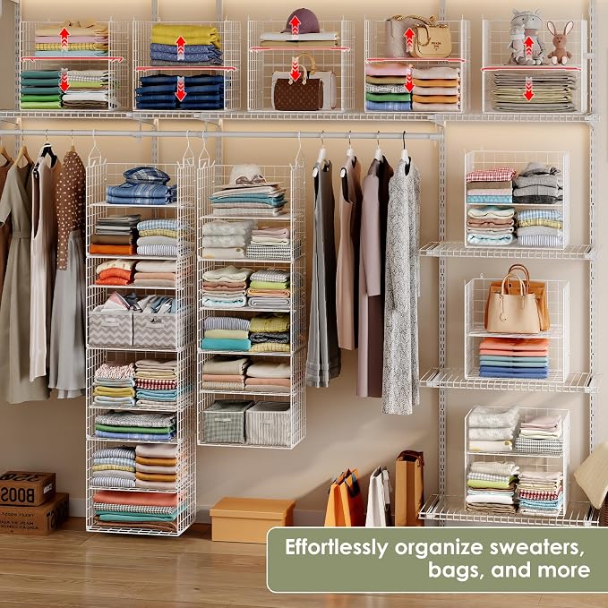 X-cosrack 8-Tier Closet Hanging Organizer Shelf - Hanging Clothes Organizer Shelves, Metal & Foldable Hanging Closet Organizer Baskets with Adjustable Dividers for Clothing Sweaters Shoes Handbags - Image 3
