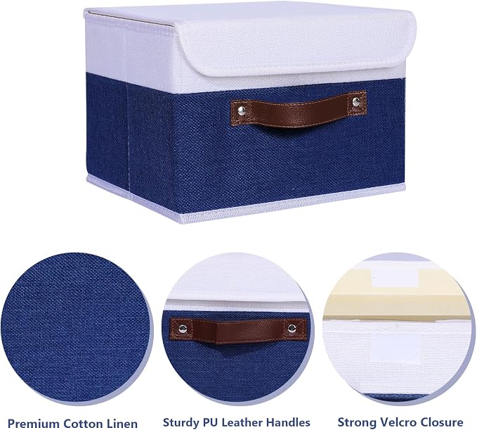ANMINY Fabric Storage Box Bins with Lids, Blue White, 10"x8"x7", 4 Pack | Keepsake Memory Storage, Cotton Linen, PP Board Reinforced, Washable, PU Handles, Foldable & Stackable, Decorative, Small - Image 4