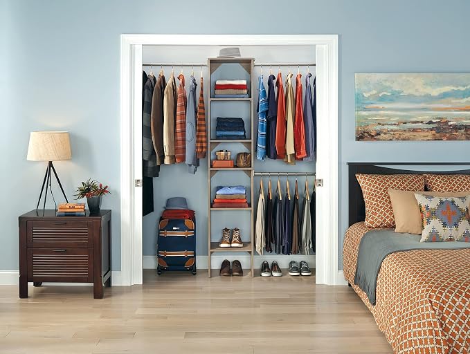 ClosetMaid SuiteSymphony Wood Closet Organizer Starter Kit with Tower and 3 Hang Rods, Shelves, Adjustable, Fits Spaces 4 – 9 ft. Wide, Natural Gray - Image 9