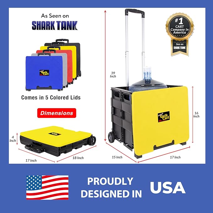 dbest Products Quik Cart Standard Collapsible Rolling Crate - Yellow Lid | with Wheels, Roll Up to 80 lbs Capacity, Heavy Duty Plastic Construction, Telescoping Handle, Foldable Utility Cart - Image 4