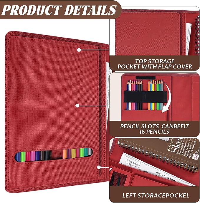 Plinyvel Red Leather Sketchbook Cover 5.5x8.5, Travel Drawing Portfolio | Portable sketch kit organizer, pencil holder, Fits 5.5x8.5 Sketch Book, Spiral Pad, Compact artist storage case - Image 5