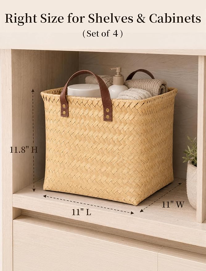 Wicker Storage Baskets, 4 Pack Woven Baskets for Shelves, Yellow | PP Rattan, Water-resistant Wicker Basket, Large Baskets with Faux Leather Handles for Blanket, Laundry Organizer, Room Decor - Image 2