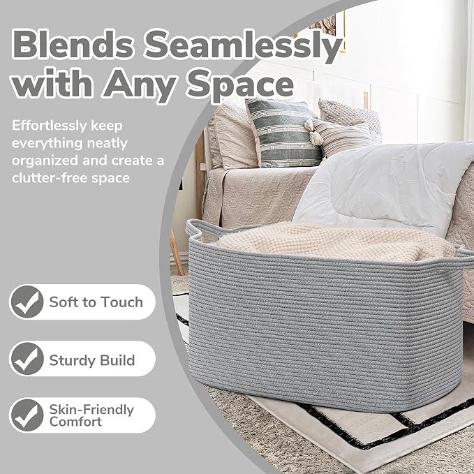 Goodpick Large Woven Rope Blanket Basket, Rectangle, Gray, 75L | 21.6'' x 14.9'' x 11.8'' Storage Basket for Toys, Blankets & Towels, Living Room & Nursery Organization, Reinforced Handles - Image 5