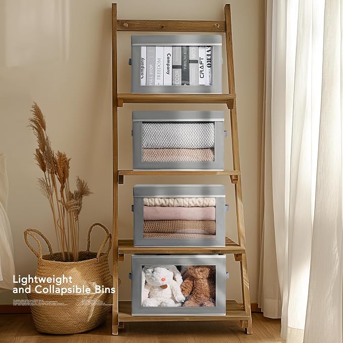 Large Storage Baskets with Lids - Stackable Cube Bins for Closet, 6 Pack Grey Windows Organizer Bins, Home Organizers and Storage for Clothes, CD, Towels - Image 4