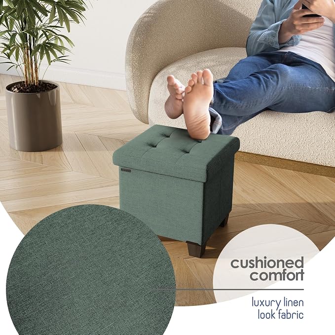 Storage Ottoman Cube with Small Bin, 15-in Square Ottoman with Storage for Living Room and Bedroom, Small Ottomans Foot Rest, Fabric Foot Stools Ottomans Max 330lbs, Green - Image 8
