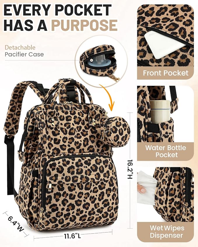 Corduroy Diaper Bag Backpack, Large Capacity Multifunction Baby Diaper Bags for Women, Insulated Bottle Pockets & Pacifier Case, Stylish Travel Nappy Changing Bags for Mom Dad (Leopard Brown) - Image 5