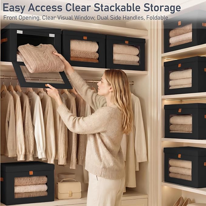 DIMJ Storage Bins with Lids - 4 Pack Front Opening Stackable Fabric Storage Boxes with Clear Window & Handles, Collapsible Closet Organizers for Clothes, Sweaters, Shelf Storage, Bedroom, Black - Image 2