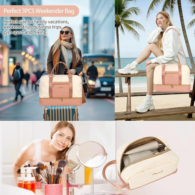 3PCS Weekender Bags for Women Large Overnight Bag, Pink Beige | Weekender Travel Duffel Bags Carry on Shoulder with Shoe Compartment Toiletry Bag Satchel Bag for Travelling Business Gym - Image 4