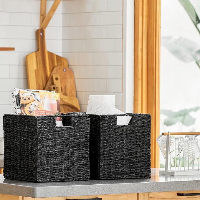 Storage Basket, Set of 2 Hand-Woven Storage Baskets for Organizing with Handles, Foldable Cube Storage Baskets Bins Organizer, 13 inch Large Wicker Baskets for Shelves & Decor, Black - Image 3