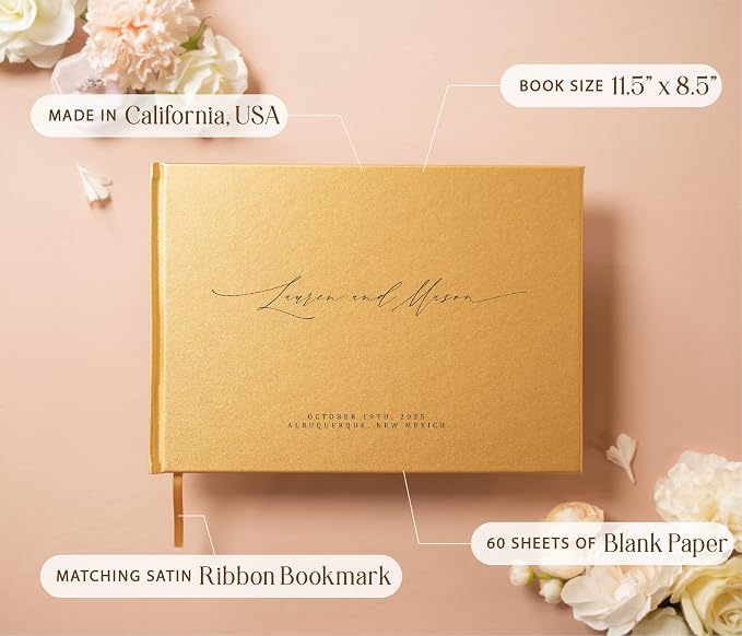 Personalized Guestbook in Gold - Premium Custom Modern Guest Book for Wedding Reception, Birthday Party or Events w/Bookmark Blank Pages for Signing 11.5 x 8.5 inches - Image 3