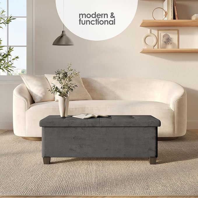 Storage Ottoman Bench with Bins, 43-in Storage Bench for Bedroom End of Bed, Folding Foot Rest Ottoman for Living Room Max 660lbs, Velvet Ottomans, Grey - Image 2