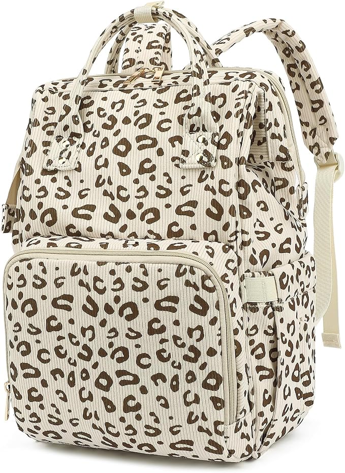 Corduroy Diaper Bag Backpack for Baby Girls Boys, Women Large Nappy Bags for Mom (Beige Corduroy Leopard) by Yusudan