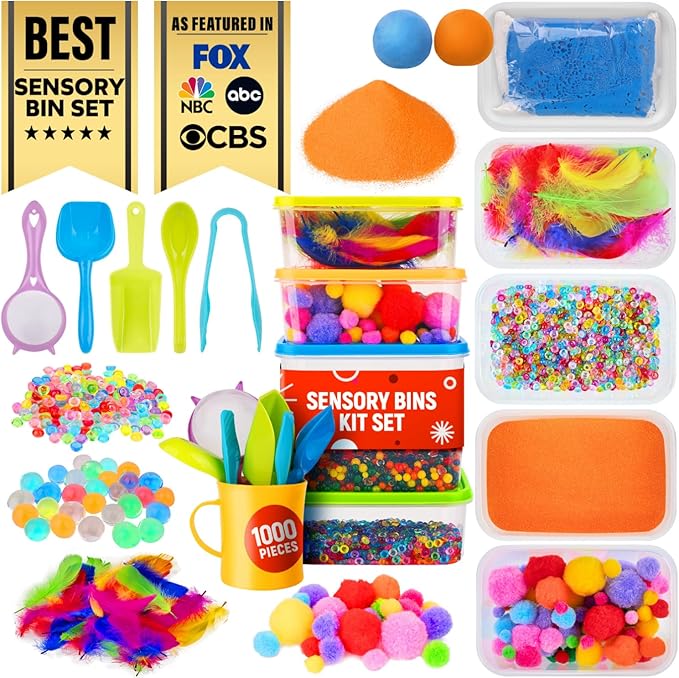 Sensory Kit for Toddlers and Kids - Includes 6 Bins with Lids, Play Tools, Sand, Feathers, Clay, Color Beads and Pom Poms Kids Box Fillers by LOLO+TOYS
