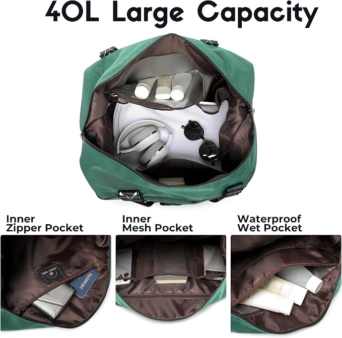 Duffel with Utility Pouch, 40L Weekender Overnight Bag with Shoe Compartment for Travel and Sports (Greenboho) - Image 3