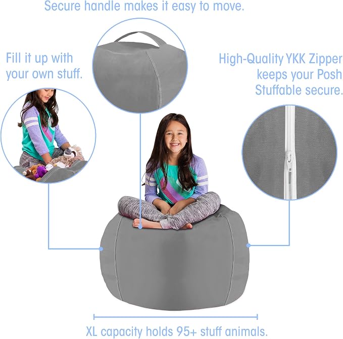 Posh Stuffable Kids Stuffed Animal Storage Bean Bag Chair Cover - Childrens Toy Organizer, Large 38" - Solid Gray - Image 2