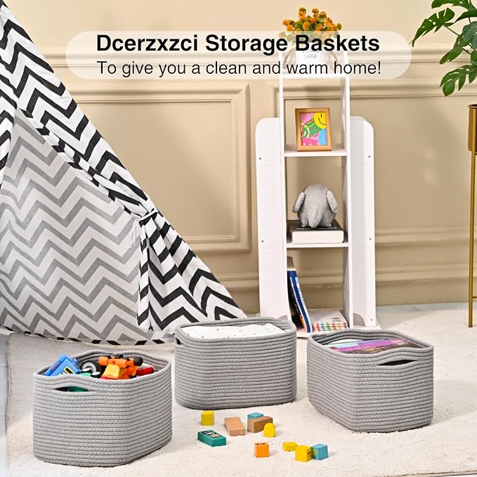 Small Storage Baskets for Organizing, Woven Storage Baskets for Shelves, Cotton Rope Basket for Storage, Cute Rectangular Book Toy Grey Basket, 12.7"×9.1"×7.9", 4 Packs, Grey - Image 6