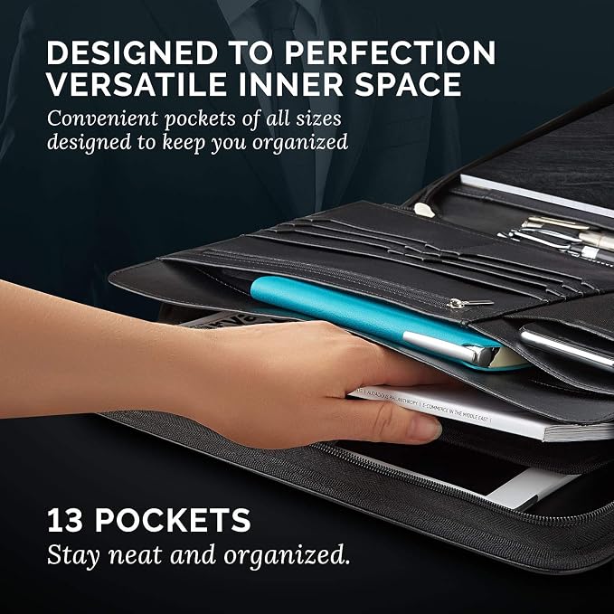 NERO MANETTI- Zippered Vegan Leather Padfolio/Portfolio Pad Holder-Business PU Leather Notepad Folder for Resumes, Interviews, iPad/Tablet, Phone, Legal Pad Notebook Executive Binder for Women, Men - Image 4