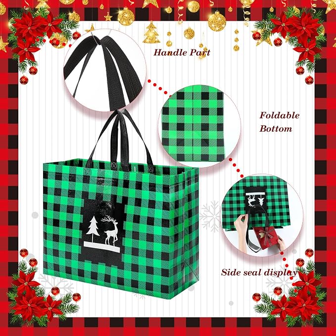 Colarr 18 Pcs Extra Large Christmas Tote Bags with Handle Christmas Gift Bag Non Woven Red Green Buffalo Plaid Waterproof Reusable for Winter Xmas Holiday Wedding Party Supplies, 16.5''x 13 "x 7'' - Image 5