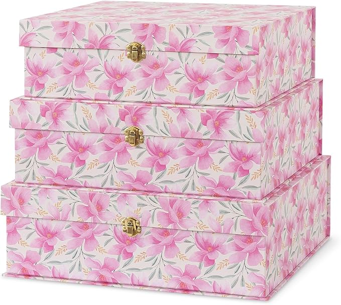 Soul & Lane - Pink Floral Boxes with Gold Hardware, Set of 3, Garden Blush | Stacking Keepsake Boxes with Lids for Home Decor and Organizing, Large Elegant Cardboard Gift and Memory Storage by SoulLane