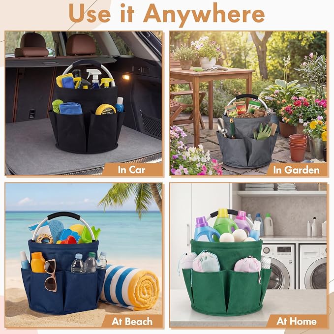 LemonRoad 4 Pack Cleaning Caddy with Handle 17L Foldable Cleaning Supplies Organizer Oxford Cloth Storage Basket with 6 Pockets Portable Multi Bucket Bag for Home Garden(Black,Gray,Navy Blue,Green) - Image 6