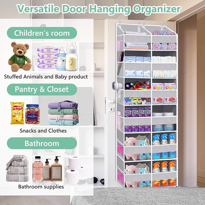 Heavy Duty Over The Door Organizer 6 Tiers, Extra Large Behind Door Storage of 12 Front & 12 Mesh Pockets, 80lb Weight Capacity, Hanging Doors Storage for Closet Bedroom Nursery, Light Gray - Image 5