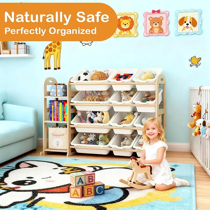 Toy Storage Organizer, Wooden Toy Organizers and Storage with Bookshelf, Toy Storage Shelf with 3 Shelves and 12 Storage Bins, Kids Bookshelf for Playroom, Nursery, Bedroom, Bookcase for Kids, White - Image 3