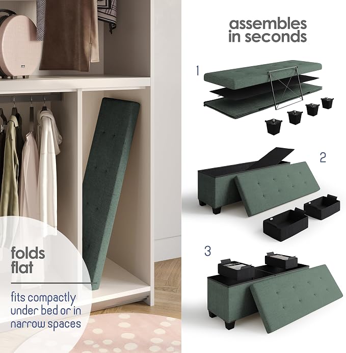 Storage Ottoman Bench with Bins, 43-in Storage Bench for Bedroom End of Bed, Folding Foot Rest Ottoman for Living Room Max 660lbs, Fabric Ottomans, Green - Image 6