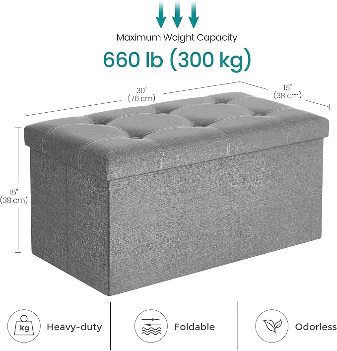 SONGMICS MAZIE Collection - 30 Inches Ottoman Storage Bench, 21 Gal. Folding Chest with Breathable Linen-Look Fabric, Load up to 660 lb, for Entryway, Living Room, Bedroom, Light Gray ULSF001G02 - Image 3