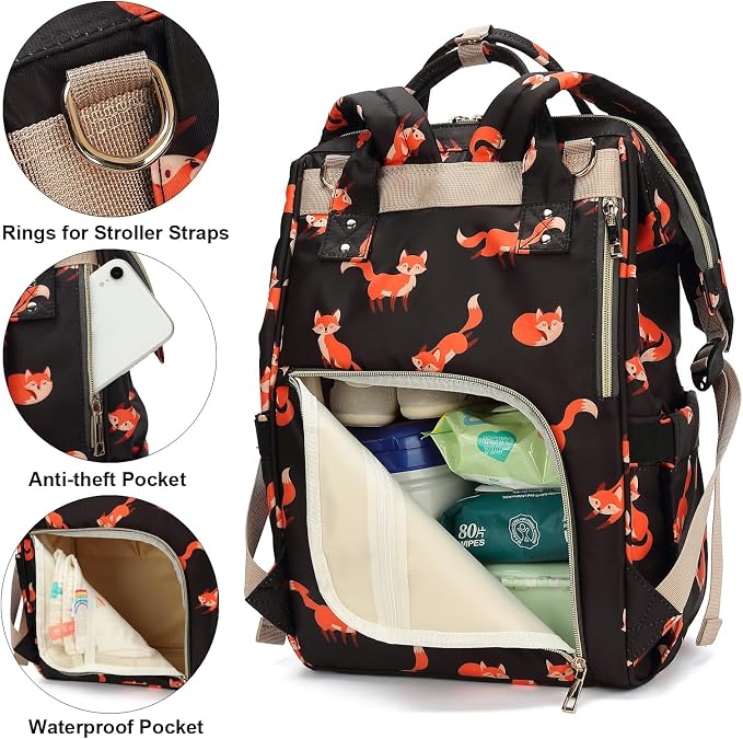 Fox Baby Diaper Bag Backpack for Women, Large Capacity Waterproof Maternity Travel Nappy Backpacks with Stroller Straps - Image 3