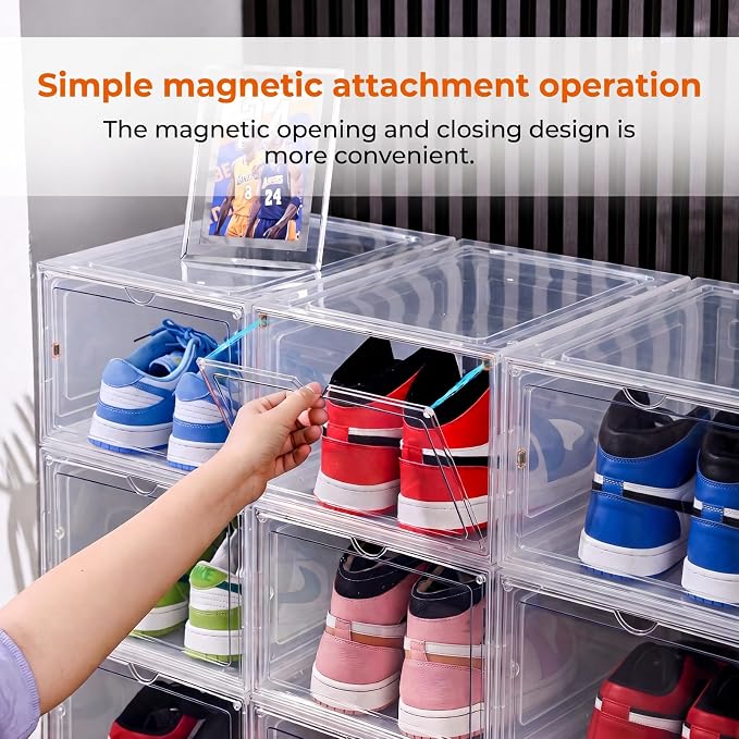 Large Clear Shoe Storage Boxes Stackable, 12 Pack Hard Plastic Shoe Storage Organizer with Magnetic Door, Shoe Container Sneaker Storage Display Case Fit up to US Size 12 Clear - Image 3
