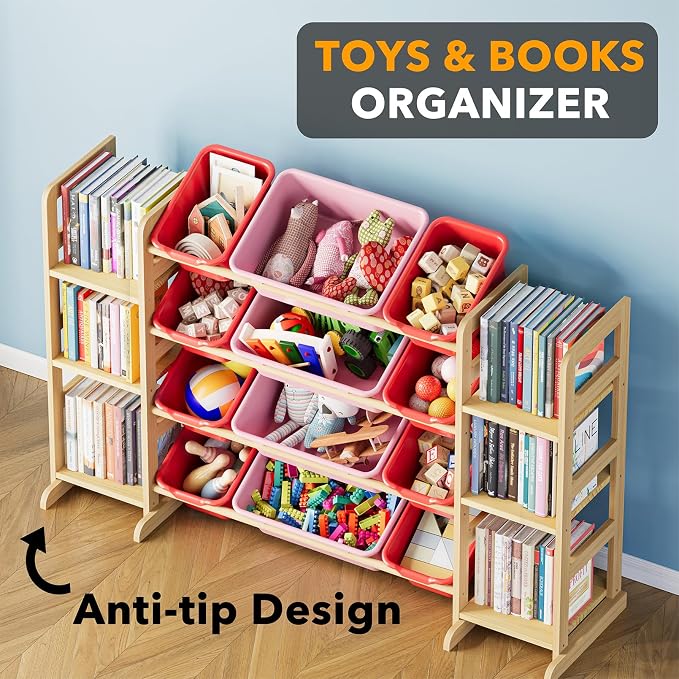 SpaceAid Toy Storage Organizer with 6 Shelves and 12 Bins, Toy Organizers Storage Bookshelf, Kids Bin Shelf Toys Box Bookcase for Bedroom Playroom Organization Room Decor, Red and Pink - Image 4