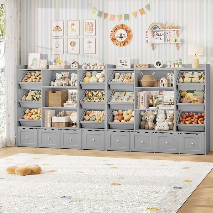 HITHOS 55" W Kids Toy Storage Organizer with 10 Toy Box & Book Shelf, Gray | Large Toy Organizers and Storage with Kids Bookshelf & 6 Plastic Toy Chests & 4 Movable Drawers for Kids Room, Playroom - Image 3