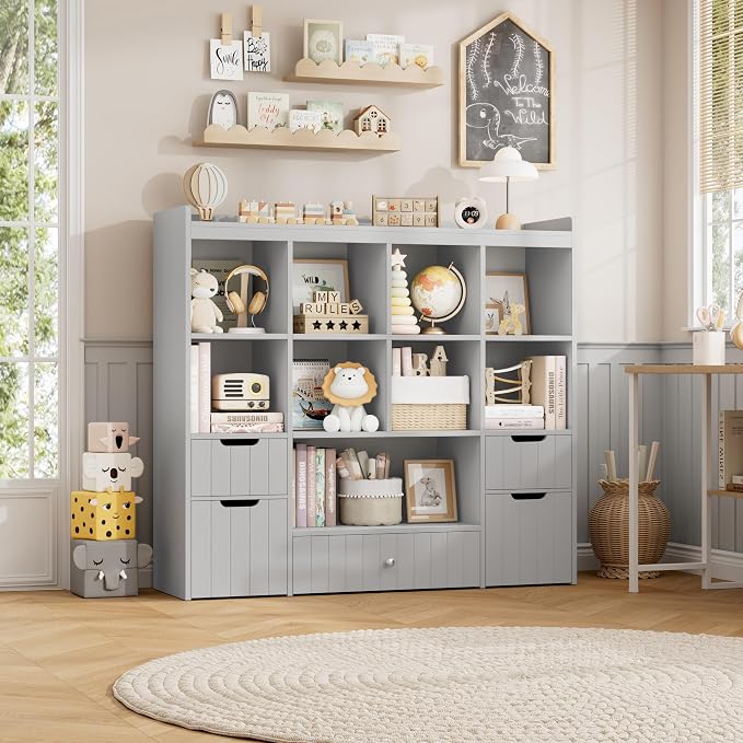 HORSTORS 48" W Kids Toy Storage Organizer, Kids Bookshelf w/Storage, Grey | 2 Mobile Toy Boxes & 3 Drawers, Toy Storage Chest with Open Cubbies for Boys and Girls, Kids Bookcase for Playroom, Classroom - Image 2