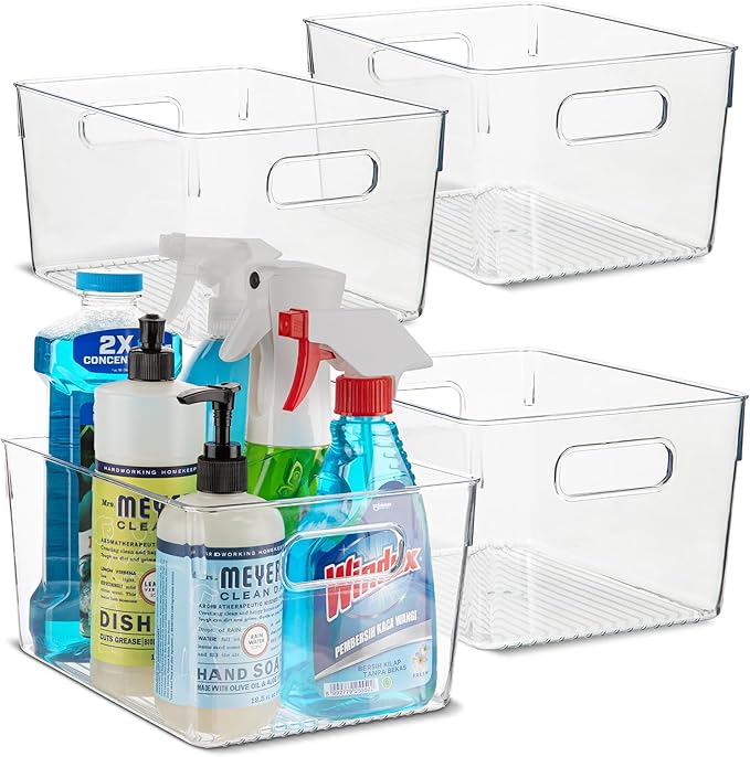 Plastic Food Storage 4 Pack Clear Container Bin with Handles for Organizing Kitchen, Pantry, Refrigerator, Freezer, Pantry, Cabinet, Closet, Bathroom. 10”x7.5”x5.3” by primebox
