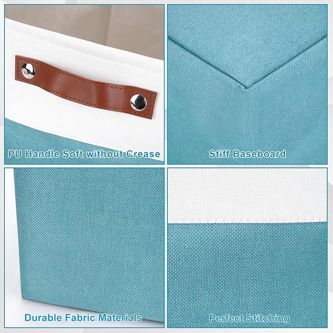 13x13 Cube Storage Bins, Collapsible Fabric Storage Box, 4 Pack Closet Baskets with Handles for Organizing, Shelf, Toys, Clothes, Home, Office, Nursery (Teal&White) - Image 6