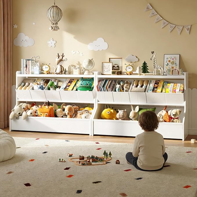 FOUCSSOMEI Extra Large Toy Storage Organizer for Kids, Wooden Toy Organizer and Storage with Bookshelf, 3 Removable Bins and Large Storage Bin, Toy Shelf for Playroom, White, Patent Design - Image 5
