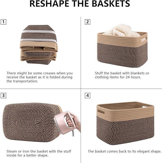 4 Pack Storage Baskets for Organizing, Woven Baskets for Shelves - Perfect for Toys, Books, Towels, and Clothes, Durable Gift Basket Bins Toy Storage, 12.7''L x9''W x7.8''H, Black and Brown - Image 5