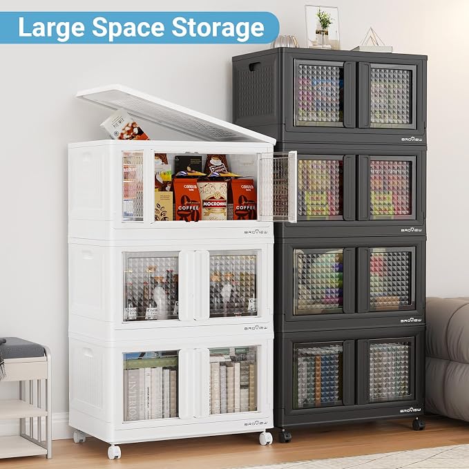BROVIEW 300Qt Stackable Storage Bins with Lids, 75Gal Closet Organizers and Storage Drawer, Plastic Collapsible Storage Bins with Doors, Heavy Duty Store Box Cabinet for Home Kitchen, 3Pack White - Image 5