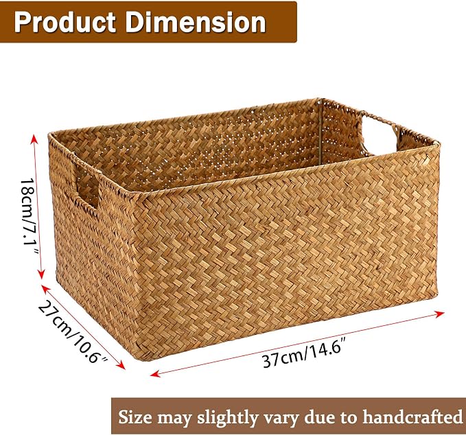 Hipiwe Seagrass Storage Baskets Bin for Shelf Large Handwoven Wicker Basket | Rectangular Bedroom Bathroom Organizer Built-in Handles, Multipurpose Woven Basket Bin Boxes,14.6"x 10.6"x 7.1" - Image 2