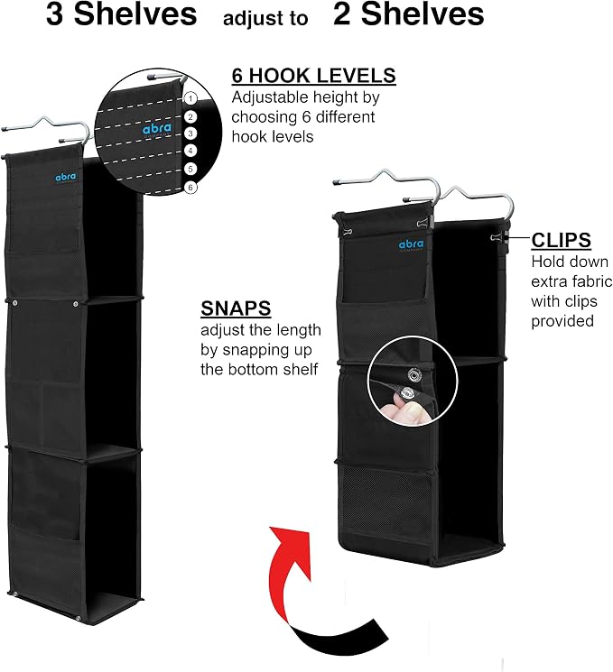 ABRA® 3 Shelf Hanging Locker Organizer for School, Work, Gym, Closet | Deep Shelves 6.5”x 9”| Eco-Friendly Fabric Healthy for Children | Adjustable School Locker Shelf from 3 to 2 Shelves (Pure Black) - Image 5
