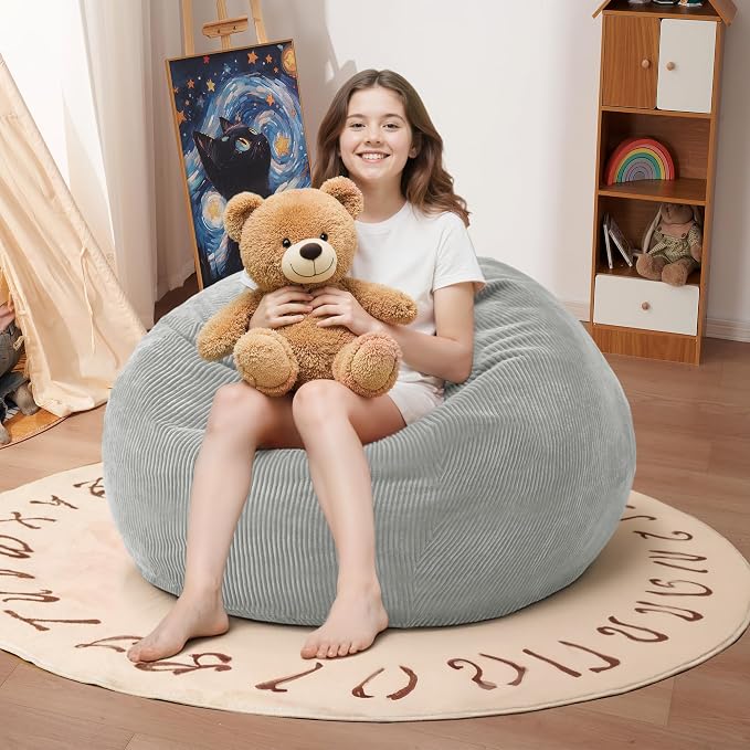 2FT Bean Bag Chair: 2' Small Bean Bags with Memory Foam Filled | Beanbag Chairs with Handle,Teardrop Bean Bag Sofa with Corduroy Machine Washable Cover for Living Room,Bedroom-Light Grey by Cansunna