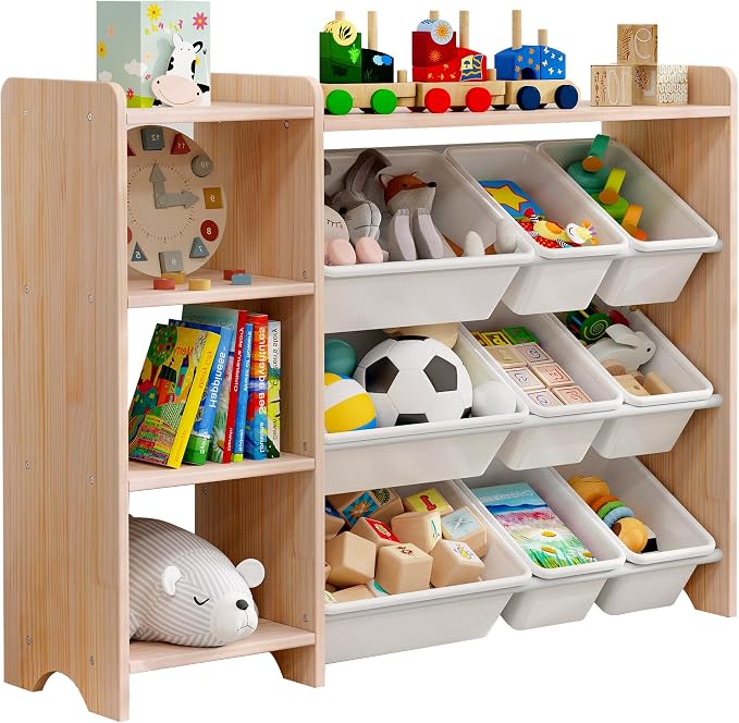 MallBest Kids Toy Storage Organizer with Bins, Solid Pine Wood Frame Toy Storage Cabinet and Kids Bookshelf, 3-Tier Playroom Organizer for Kids Room, Nursery and Bedroom, Natural by MallBest