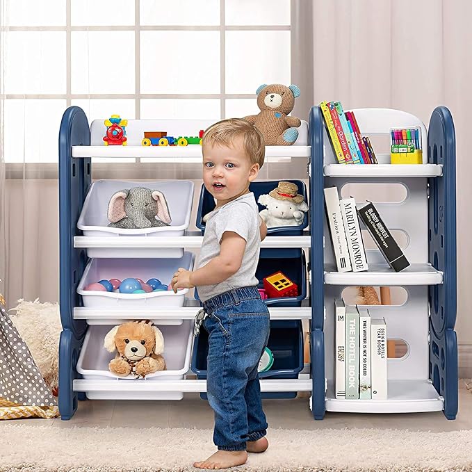 Costzon Toy Storage Organizer, 4-Tier Toy Shelf w/ 6 Removable Plastic Bins for Books Toys, Toddler Toy Bookcase Toy Rack for Playroom, Kids Room, Bedroom, Daycare, Nursery - Image 8