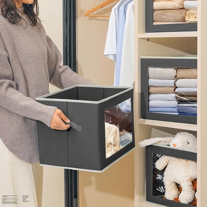 Stackable Storage Bins with Lids - Large Storage Box with Lids, Foldable Closet Boxes for Organizing, Wardrobe Clothes Organizer with Window, Cubes Bins for Living Room, 6 Pack, Dark Grey - Image 3