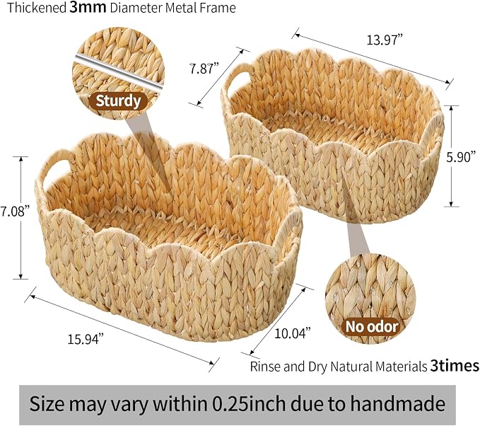 Coeusy Scalloped Basket Set of 2,Water Hyacinth Basket for Organizing and Decor,Hand-Woven Wicker Storage Baskets with Built-In Handles for Nursery,Gift - Image 5